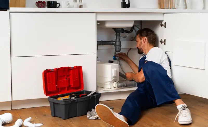 Plumbers working under kitchen sink with tools Plumbers working under kitchen sink with tools